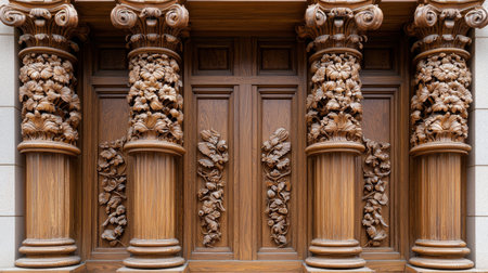 The wooden pillars are carved with flowers and leaves, giving the impression of a natural and organic designの素材