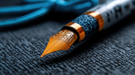A pen with a blue ribbon is on a black surface. The pen is made of wood and has a gold tip. Concept of elegance and sophisticationの素材
