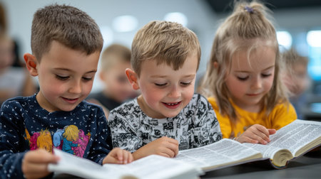 Three children are sitting together and reading a book. They are smiling and seem to be enjoying themselvesの素材