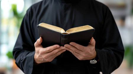 A man is reading a book with a gold binding. The book is open to a page with a cross on it. The man is wearing a black robeの素材