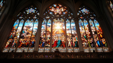 A stained glass window depicting a large group of people. The window is very colorful and has a lot of detailの素材