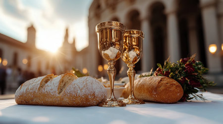 A table with a loaf of bread, two wine glasses, and a bouquet of flowers. Scene is elegant and sophisticatedの素材