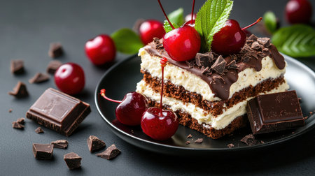 A slice of chocolate cake with cherries on top. The cherries are scattered around the plate and some are on the cakeの素材