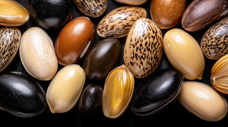 A close up of many different colored beans, including black, yellow, and brown. The beans are arranged in a way that makes them look like they are in a pile or a groupの素材