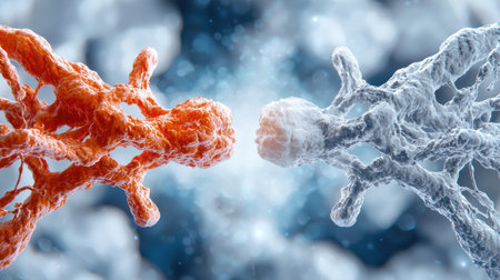 Two red and white cells are shown in a close up. The red cell is larger than the white oneの素材