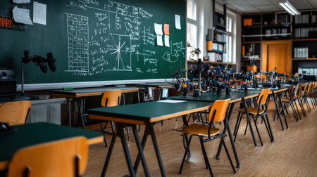 A classroom with a green chalkboard and a lot of chairs. The chairs are arranged in rows and the chalkboard is filled with equations and diagrams. Scene is that of a learning environmentの素材