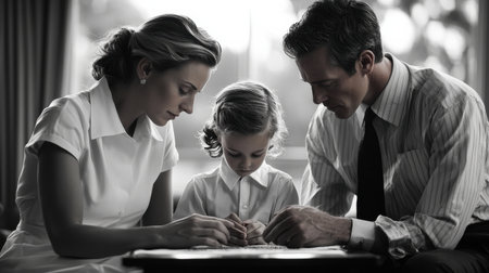 A family of three, a man, a woman and a child, are sitting together at a table. The man is wearing a tie and the woman is wearing a white shirt. The child is sitting between the two adultsの素材