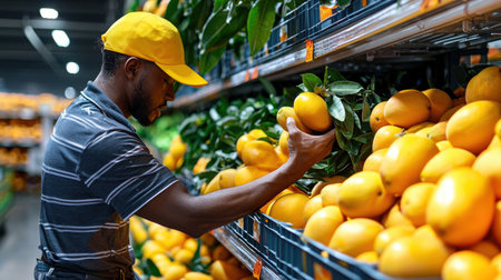 A man in a yellow hat is shopping for oranges. He is holding a bunch of oranges in his handの素材