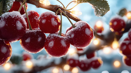 A close up of a branch with red cherries on it. The cherries are covered in snow and the branch is lit up with lights. Scene is cozy and festiveの素材