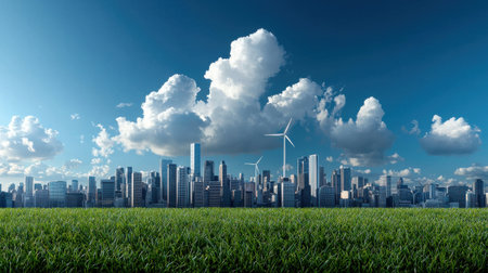 A city skyline with a large green field in the background. The city is surrounded by clouds, giving the image a peaceful and serene atmosphereの素材