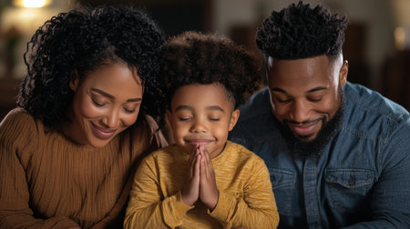 A family consisting of a man, a woman, and a child are sitting together and praying. The child is smiling and the parents are looking at him with love and affection. The atmosphere is warmの素材