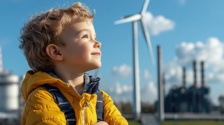 A young boy is standing in front of a wind turbine, looking up at it with a smile on his face. Concept of wonder and curiosity about the technology, as well as a sense of hope for a cleanerの素材