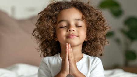 A young girl with curly hair is praying. She is looking at the camera with a peaceful expression on her faceの素材