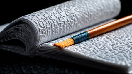 A pencil is on top of a book with a blue and green string. The pencil is yellow and the book is whiteの素材