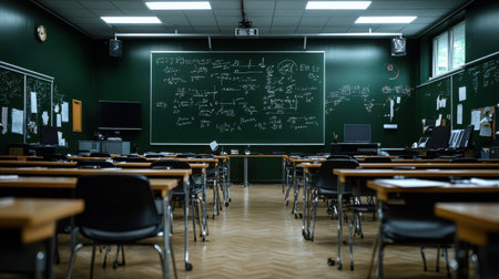A classroom with a blackboard and a projector. The room is empty and the chalkboard is covered in equationsの素材