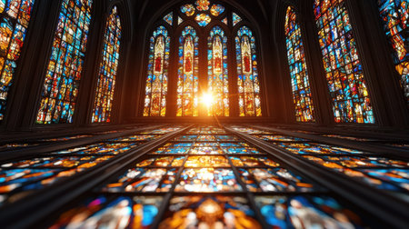 A large cathedral with stained glass windows and a sun shining through them. The sun is casting a warm glow on the stained glass, creating a peaceful and serene atmosphereの素材