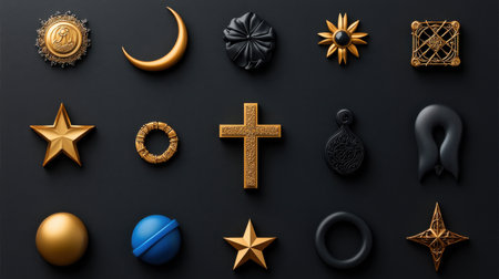 A collection of gold and black shapes, including a star, a moon, a cross, and a starの素材