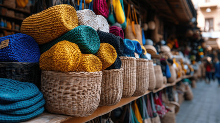 A colorful display of baskets and hats in a market. The baskets are made of wicker and the hats are of various colorsの素材