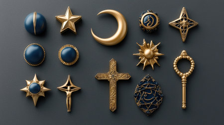 A collection of gold and blue jewelry with a star, moon, and cross. The jewelry is arranged in a grid pattern on a black backgroundの素材