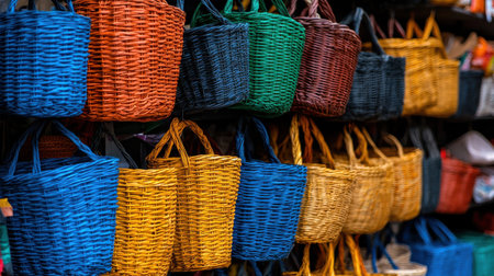 A row of baskets with different colors and sizes. The baskets are arranged in a store display. The variety of colors and sizes creates a visually appealing and diverse displayの素材