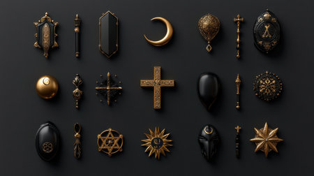 A collection of gold and black jewelry, including a cross, a crescent moon, and a starの素材
