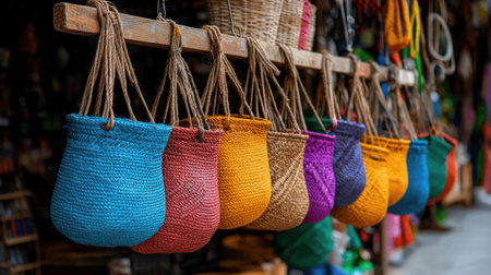 A row of colorful woven bags hang from a wooden beam. The bags are of various sizes and colors, including blue, yellow, and purple. Concept of diversity and creativity, as the bags are uniqueの素材