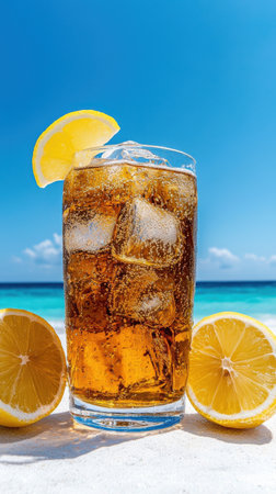 A glass of iced tea with a lemon slice on top. The glass is on a beach with the ocean in the backgroundの素材