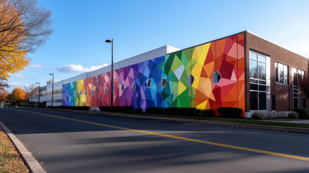 A colorful building with a rainbow mural on the side. The building is surrounded by trees and has a street in front of itの素材
