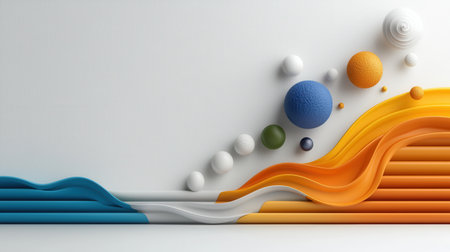 A colorful abstract painting of a wave with a blue and white stripe. The painting is full of different colored spheres, some of which are blue, green, and yellow. The painting has a playfulの素材