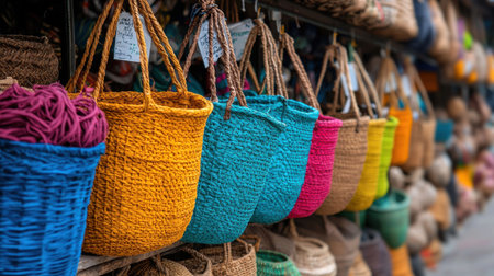 A colorful display of woven baskets and bags. The baskets are of different colors and sizes, and they are hanging from a rack. The display is vibrant and livelyの素材