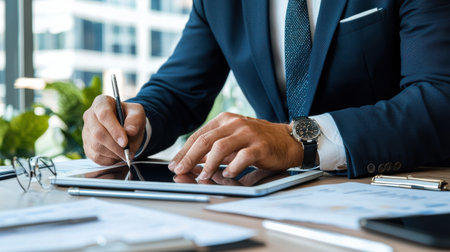 A man in a suit is writing on a tablet with a pen. He is wearing a watch and has a pair of glasses on his desk. The scene suggests a professional setting, possibly in an office or a meeting roomの素材