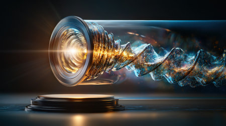 A spiral of light and water is projected into a glass tube. The light and water create a mesmerizing and ethereal effectの素材