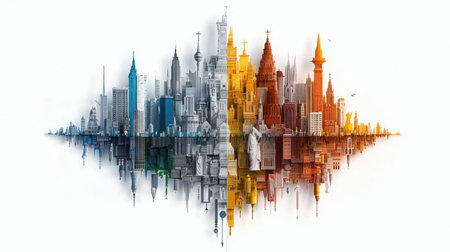 A cityscape is shown in two different colors, with the left side being blue and the right side being yellow. The buildings are tall and spread out, creating a sense of depth and scaleの素材