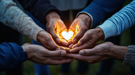 A group of people holding hands and a heart. The heart is lit up, and the people are all smiling. Concept of warmth, love, and togethernessの素材
