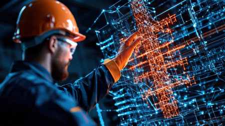 A man wearing a hard hat and safety glasses is pointing at a computer screen with a blue and orange design. Concept of focus and concentration as the man examines the digital imageの素材