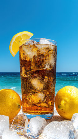 A glass of iced tea with a lemon slice on top. The glass is on a table next to a beachの素材