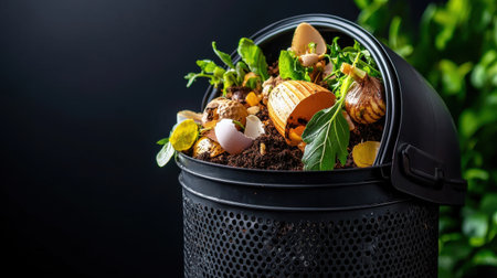 A black trash can filled with food waste and plant matter. The trash can is overflowing with food waste and plant matter, including a variety of vegetables and fruits. Concept of abundance and wasteの素材