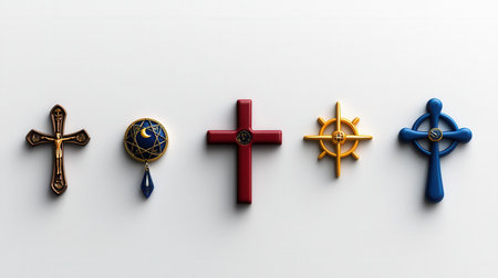 A row of five different colored crosses are displayed on a white background. The crosses are of different sizes and shapes, and they are arranged in a line. Concept of diversity and unityの素材