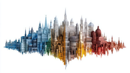 A city skyline with many buildings in different colors. The buildings are tall and have many windows. The sky is blue and whiteの素材