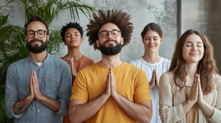 A group of people are gathered together, with one man wearing a yellow shirt. They are all praying and holding hands, creating a sense of unity and peace. The atmosphere is calm and tranquilの素材
