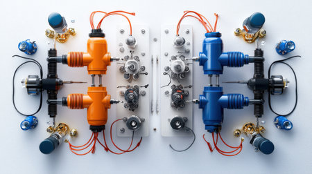 Two orange and blue tubes are on a white background. The tubes are connected to each other and to a white boxの素材