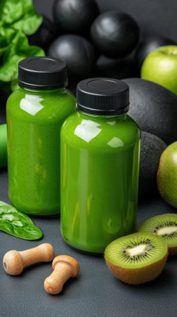 Two bottles of green juice are on a table with a bunch of fruit and vegetables. The juice is made from spinach and kiwiの素材