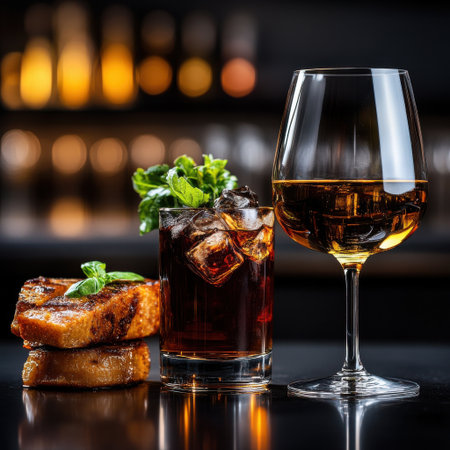 A plate of food and two drinks, one of which is a glass of wine and the other a glass of iced tea, sit on a table. The wine glass is filled with a deep red liquidの素材