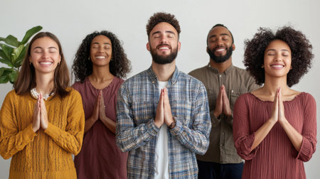 A group of people are gathered together, with some of them praying. One woman is wearing a yellow sweater, and they all seem to be in a calm and relaxed stateの素材