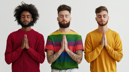 Three men are praying in a row, one in a red shirt, one in a yellow shirt, and one in a green shirtの素材