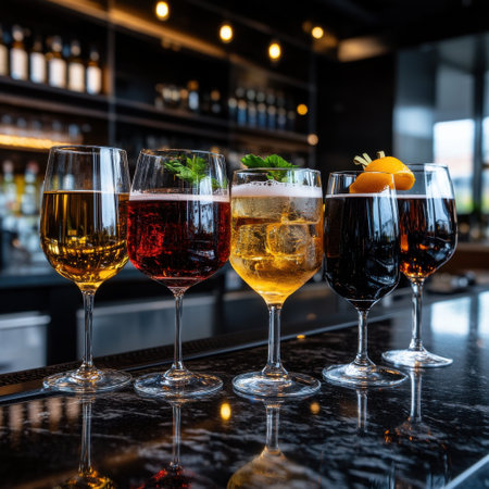 A row of wine glasses with different colored drinks in them. The glasses are lined up on a counterの素材
