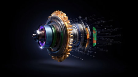 A mechanical device with a lot of gears and a glowing green light. The device is made of metal and has a futuristic look to itの素材