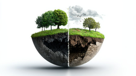 A large, round object is split in half, with one half showing a lush green forest and the other half showing a barren, rocky landscapeの素材