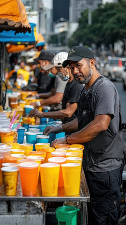 A man stands behind a table with a variety of cups and a sign that says "Drink Here"の素材