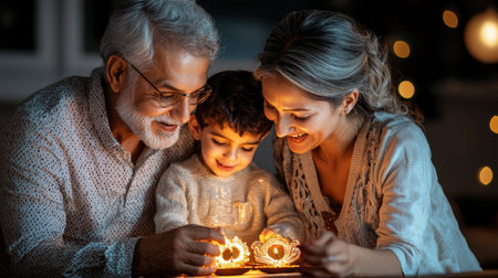 A family of three, a grandfather and his two grandchildren, are gathered around a table with a lit candle. The grandfather is holding a candle in his handの素材